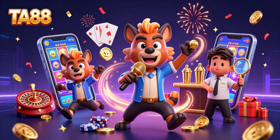 Experience the excitement of TA88 with 3D cartoon hyenas in a lively casino scene.