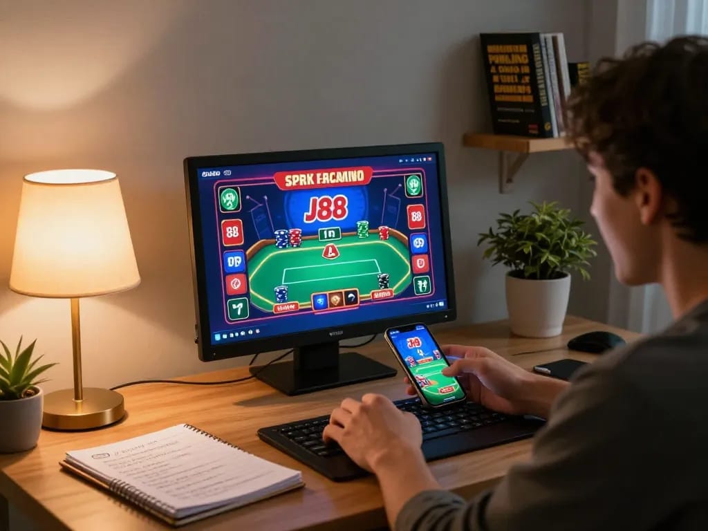 Engaged player participating in online J88 gambling session, showing strategic reflections and smartphone gameplay.