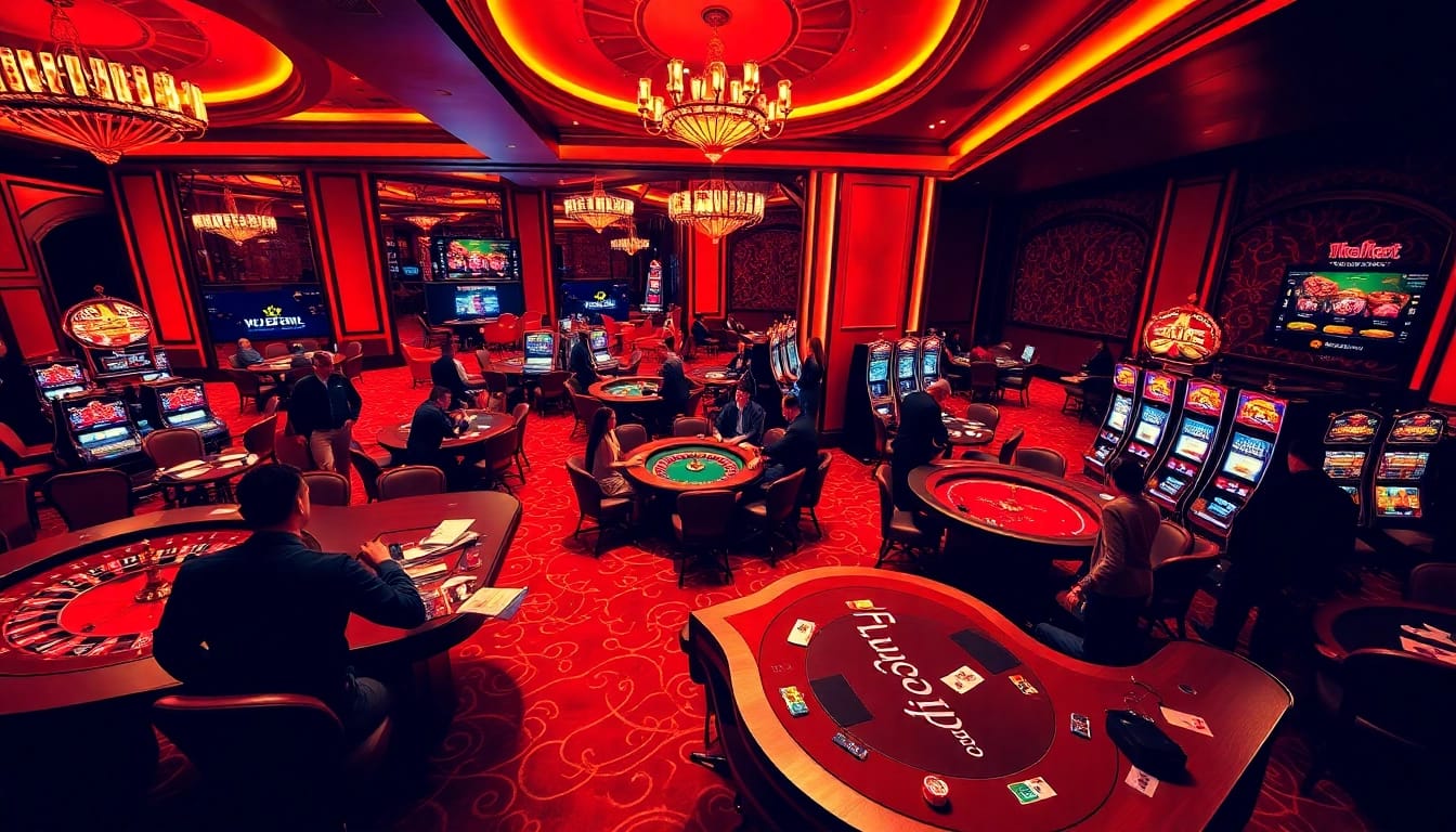 Players enjoying games at https://f168.vision/ in a luxurious casino setting filled with excitement.