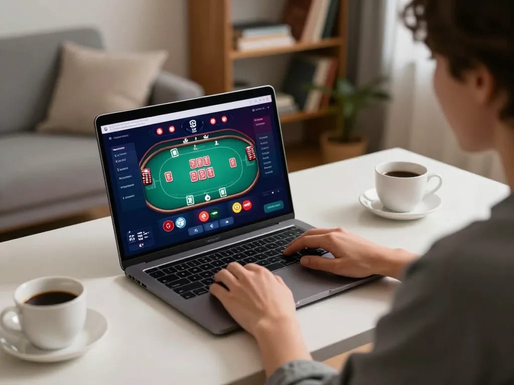 Person engaging in online poker at OPEN88 app on laptop in a cozy home environment.