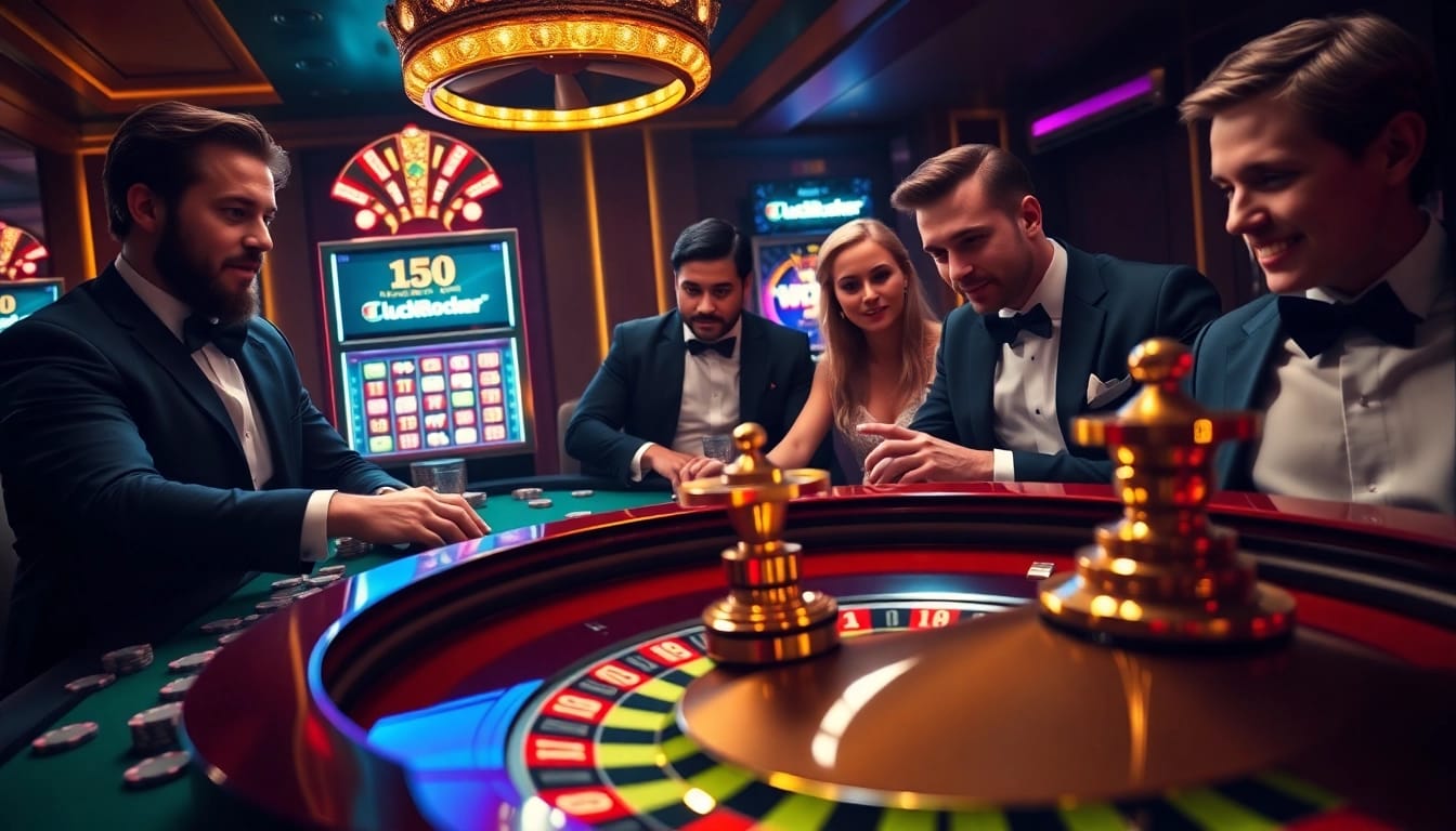 Players try their luck at a Roulette table in a luxurious casino setting inspired by https://luck8.locker/.