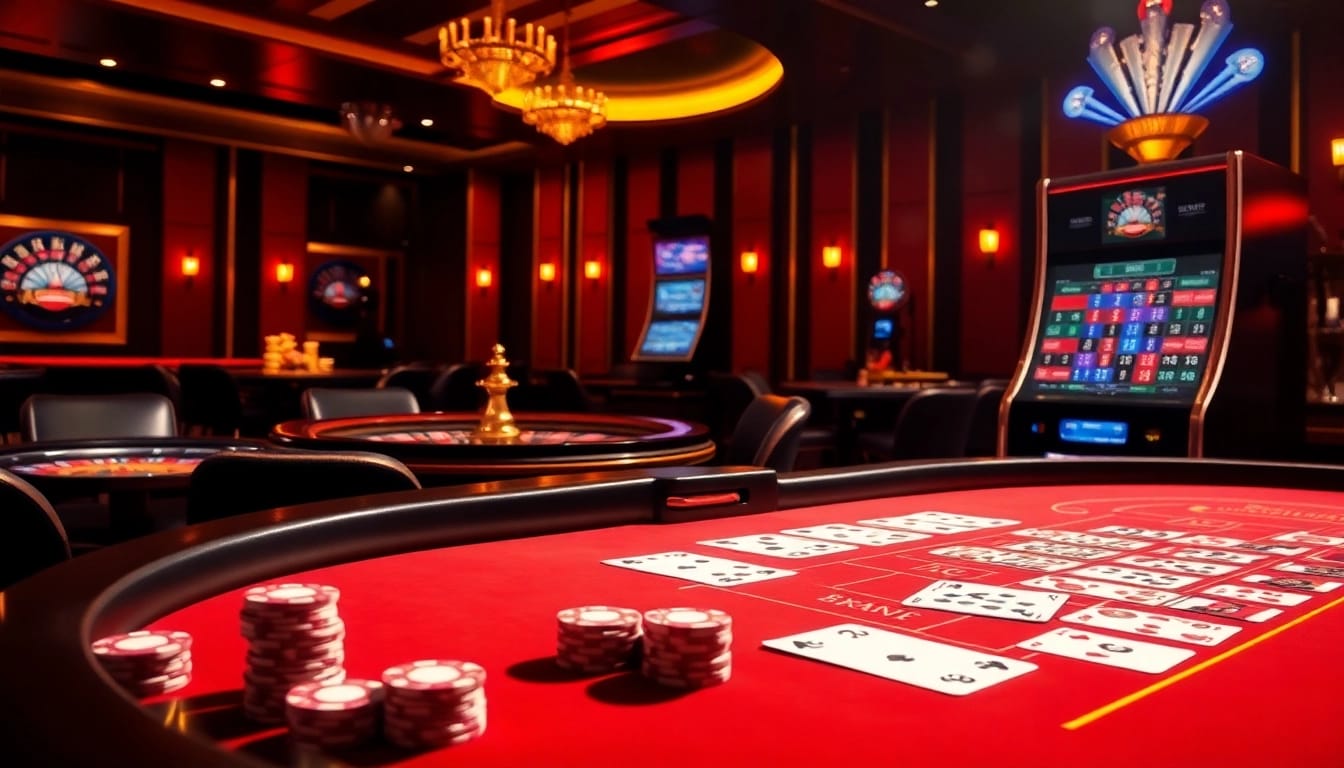 Experience the thrilling atmosphere of trang chủ 789f with luxurious casino tables and vibrant gaming elements.