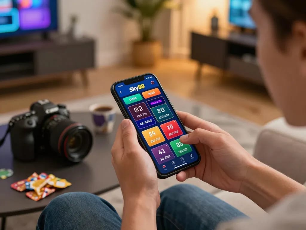 Players engaging with the Sky88 betting app on a smartphone in a cozy home setting with snacks nearby