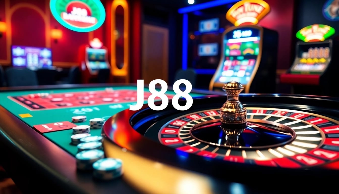 Experience exhilarating gameplay at J88 casino with vibrant poker chips and cards on a stylish table.