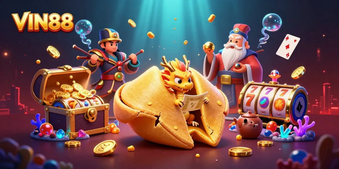 Spin to win with VIN88 as golden fortune cookie characters surround rich slot game elements.