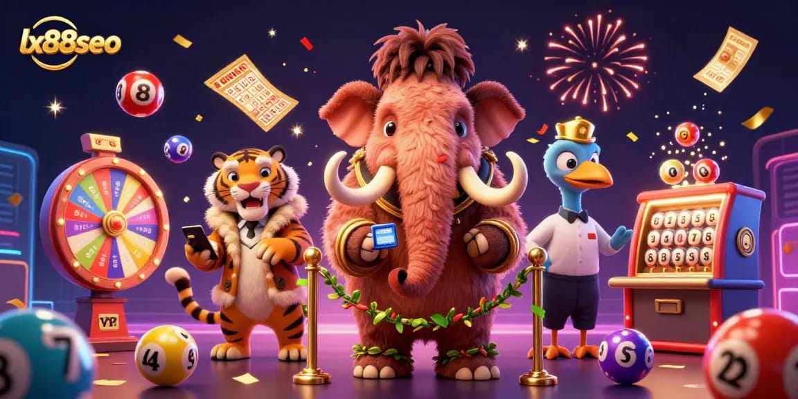 Experience the vibrant action of lx88seo at a cartoon casino featuring a woolly mammoth bouncer and lottery elements.