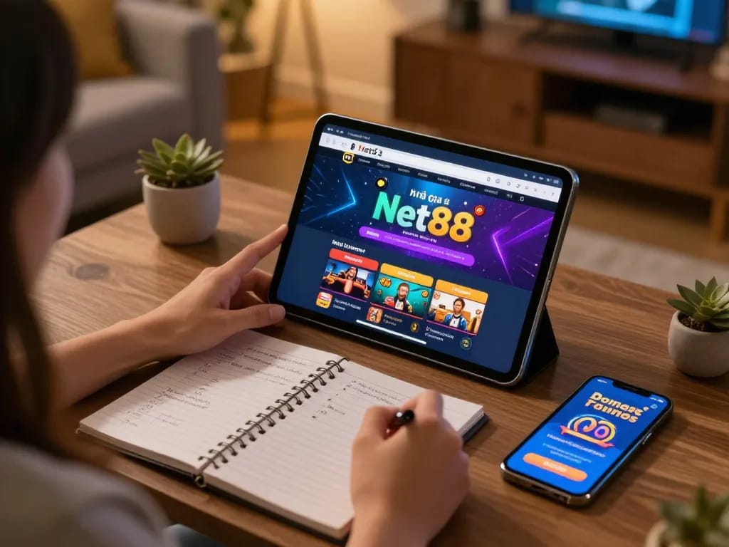 Engaging in online gaming at nhà cái Net88 with a cozy setup and strategic notes.