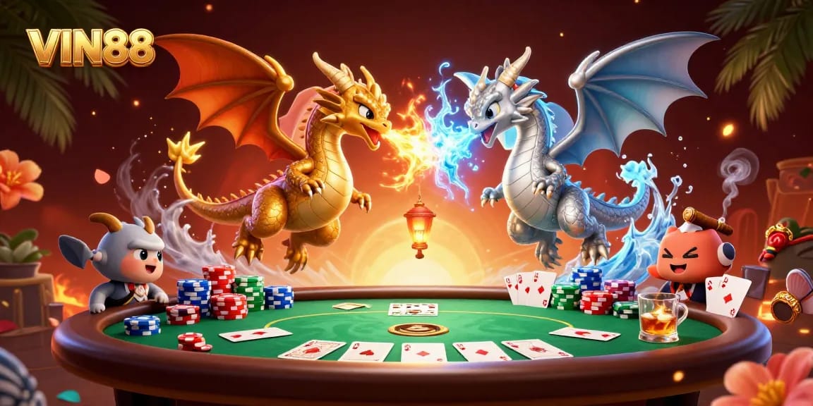 Join the action at VIN88 with a dynamic scene of dragons and poker elements.