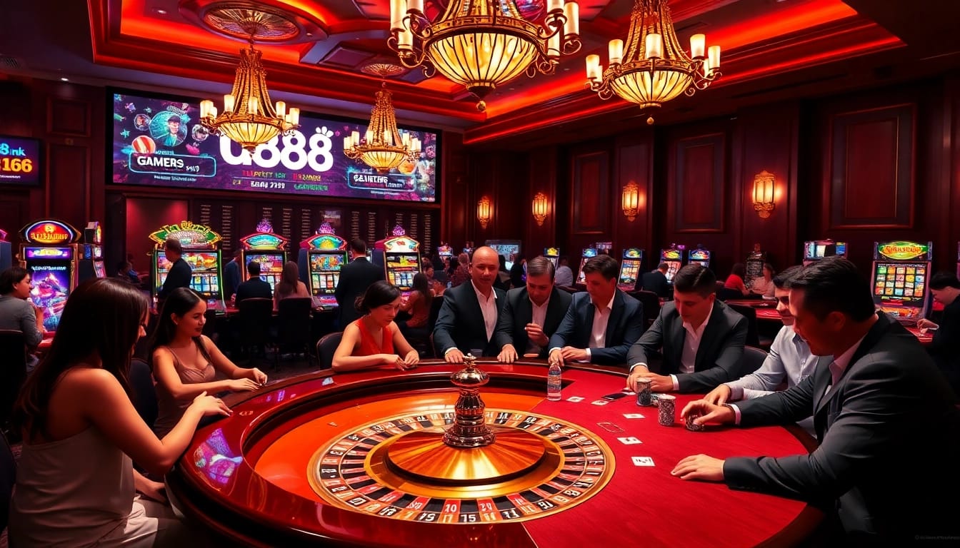 Experience thrilling casino action at u888.ink with players enjoying roulette and poker in a vibrant setting.