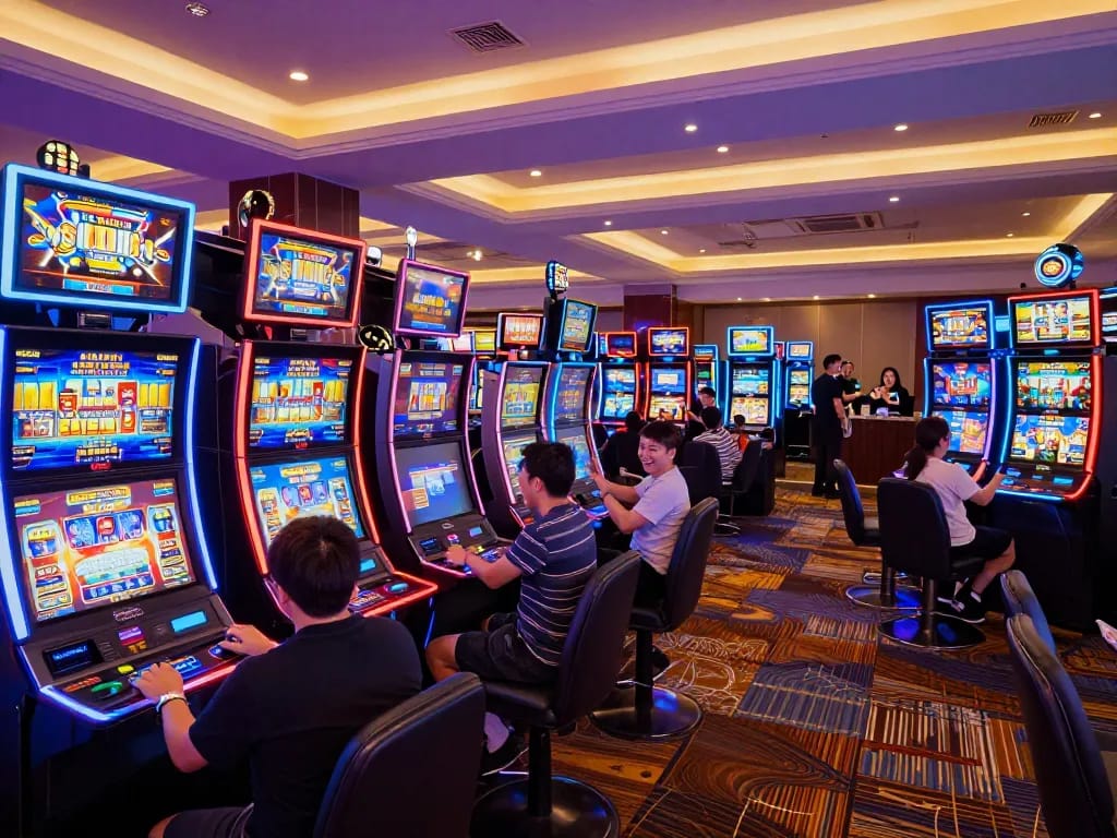 Players enjoying vibrant slot machines at New88 nhà cái, showcasing excitement and fun.