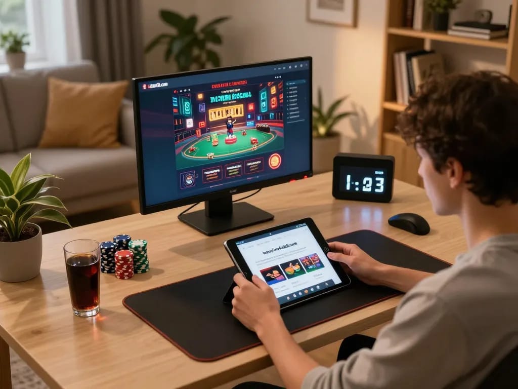 Person engaging with the https://www.mnm88.com/ casino app on a tablet, surrounded by poker chips and a cozy home atmosphere