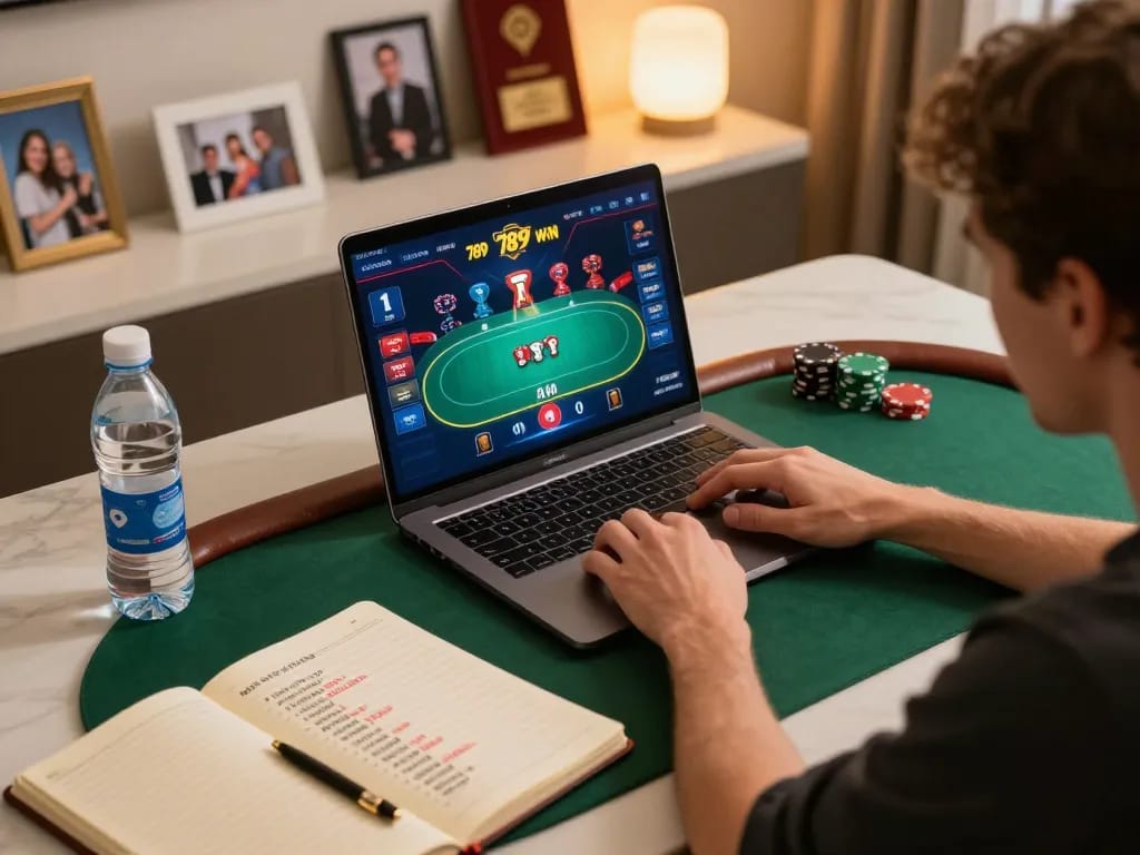 Engaging player enjoying an online poker game on the 789 win platform with strategic notes and cozy atmosphere.