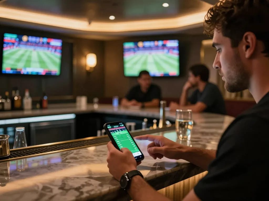 Engaged bettor exploring odds on mobile app at Oxbet Dubai's exciting sports bar.