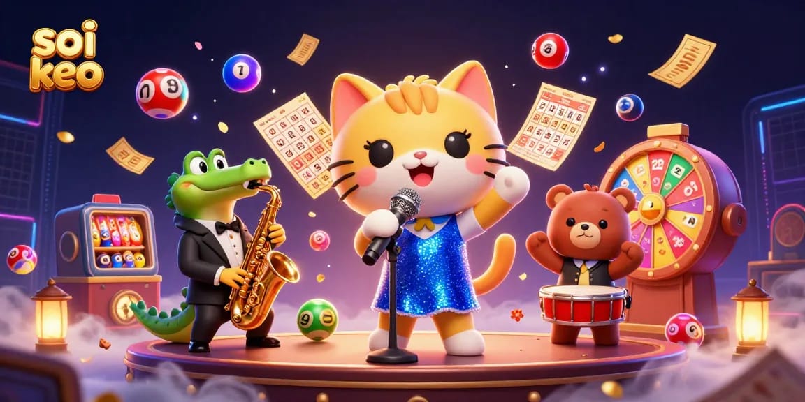 Soi keo illustration with a jazz-singer cat, saxophone croc, and drum-playing bear in a vibrant casino setting