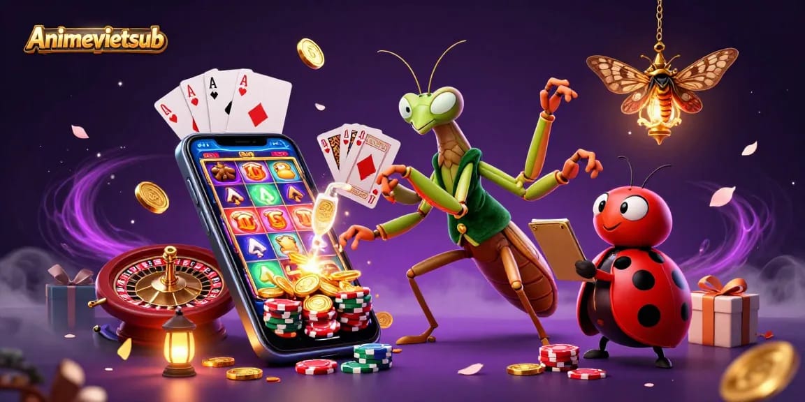 Engage in excitement with Animevietsub's animated scene showcasing lively slot games and casino elements.