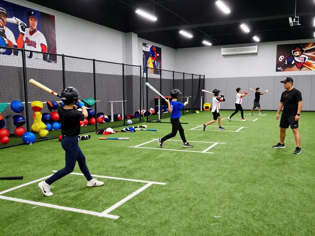 Young athletes training at Hitclub baseball facility, practicing swings in bright indoor setting.