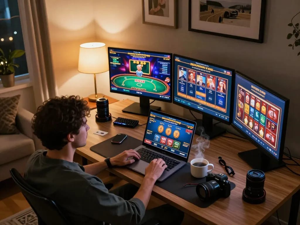 Player engaging in online gaming at home with multiple screens displaying games from https://gg88.art/, emphasizing strategic gameplay in a cozy atmosphere.
