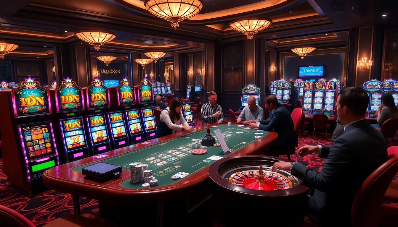 Players enjoying thrilling gameplay on IDN Slot machines at a luxurious casino.