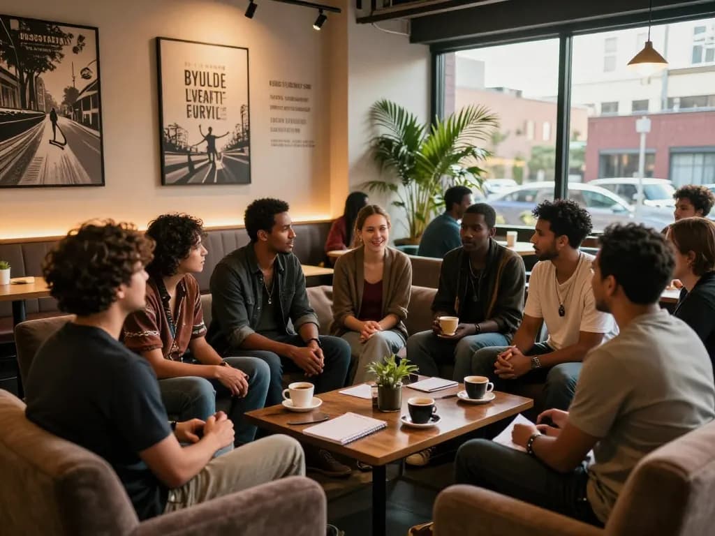 Men engaging in conversation at a man club, showcasing community spirit and support.