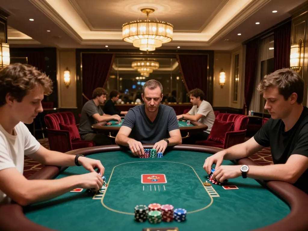 Players enjoying a high-stakes game at jun88pizza’s exclusive poker tables, reflecting strategic gameplay.