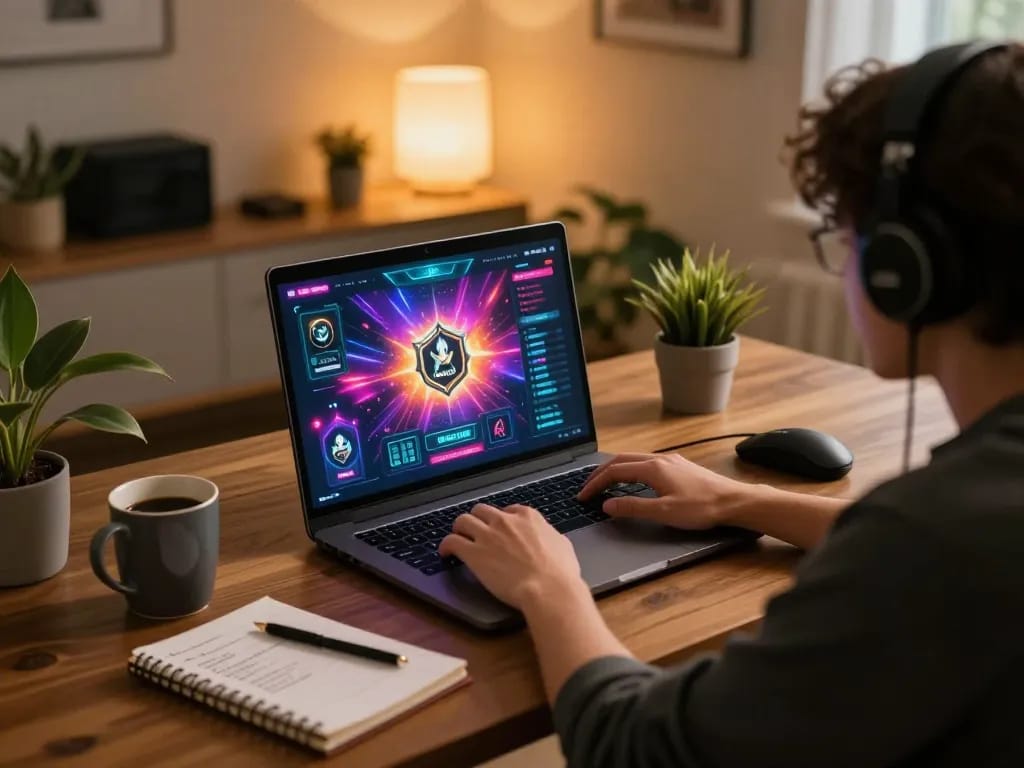 Berinteraksi dengan antarmuka permainan Slot Gacor secara online di rumah, menampilkan suasana permainan yang strategis