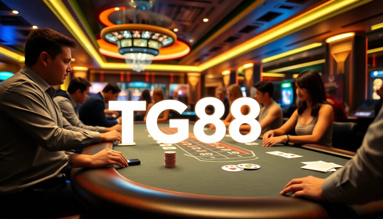 Players engaging in high-stakes poker at TG88 casino, showcasing vibrant chips and professional dealers.