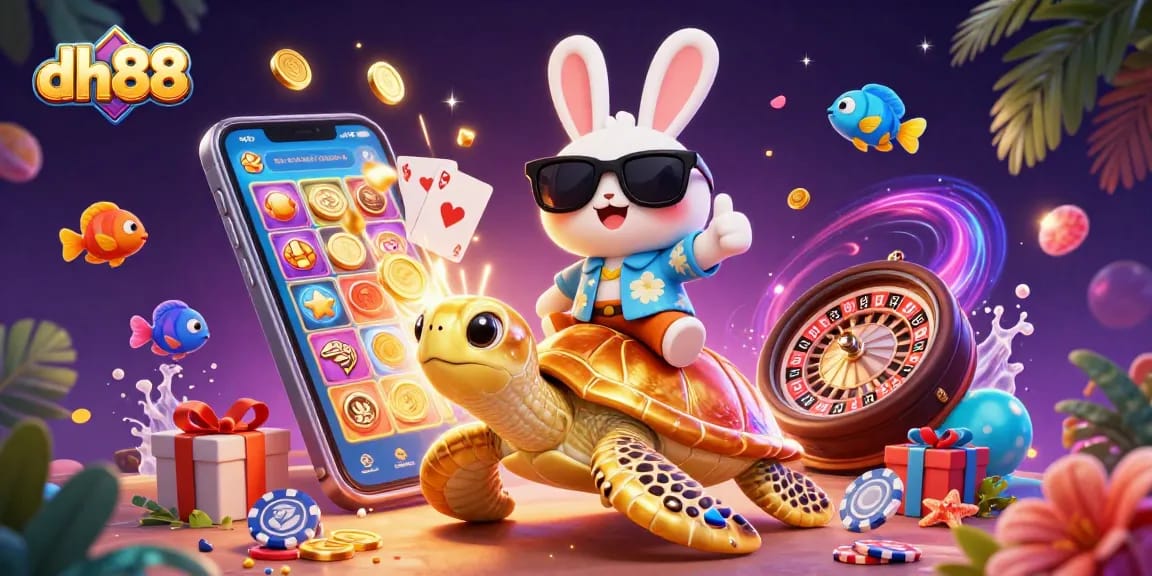 Experience the excitement of dh88 casino with a lucky rabbit and golden turtle in a vibrant slot game scene.