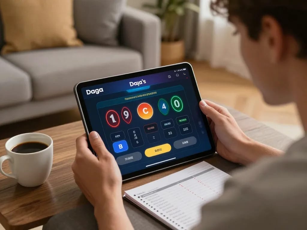 Daga player engaging with live betting interface on tablet in cozy home setting