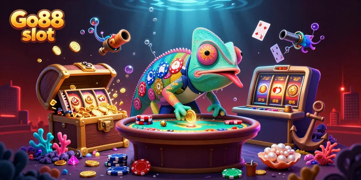 Experience Go88 slot with a colorful chameleon casino owner surrounded by treasure and dynamic game elements.
