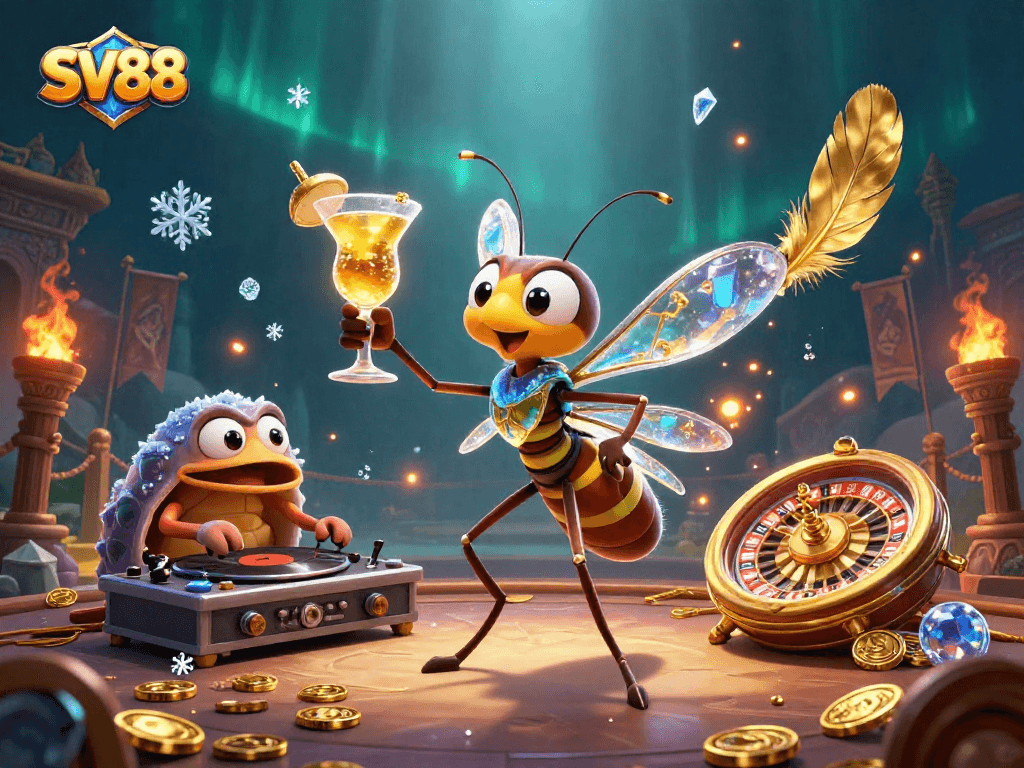 SV88 spins thrilling bets with a golden cocktail mascot, surrounded by vibrant casino elements.