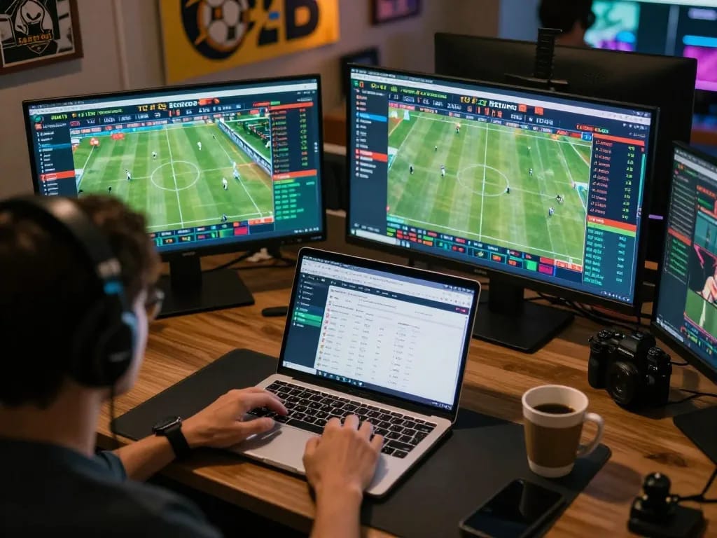Tỷ lệ kèo nhà cái displayed on a laptop during an intense sports betting session, capturing the excitement of real-time wagers.