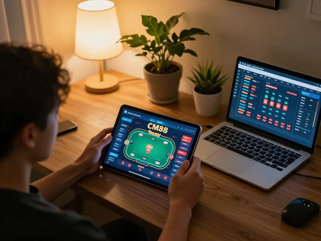 Engaged player enjoying CM88 radio app while strategizing poker game at home.
