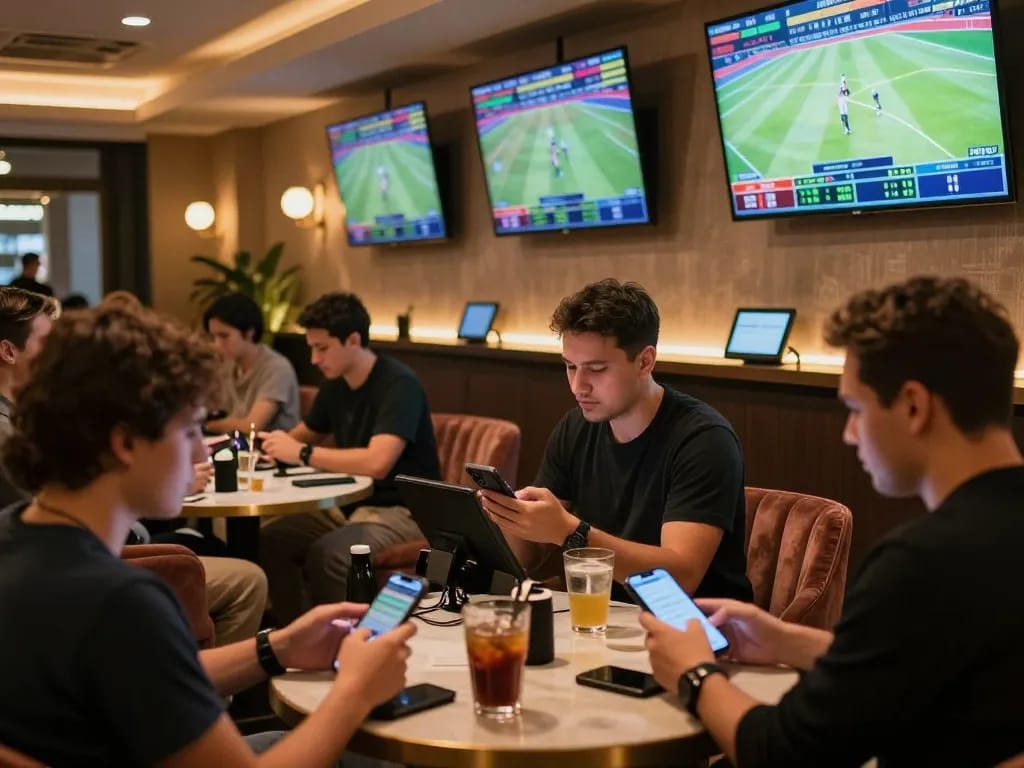 Engaged bettors placing wagers via smartphones at https://da88.navy/ sports betting lounge with vibrant atmosphere.