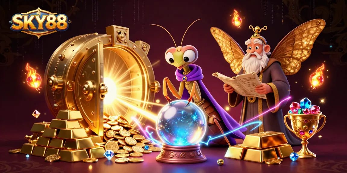 Experience the excitement at SKY88, where a mysterious fortune teller and librarian unveil hidden treasures in a vibrant casino scene.
