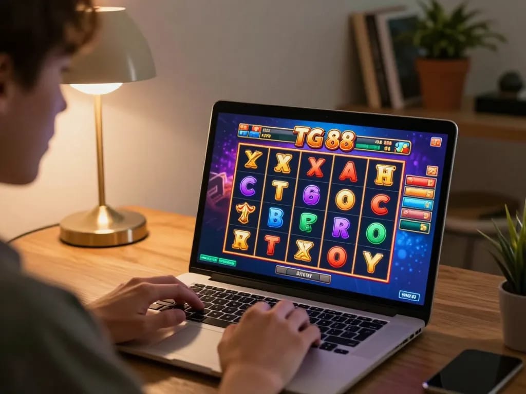 TG 88 player enjoying slot games at home with engaging graphics on the screen