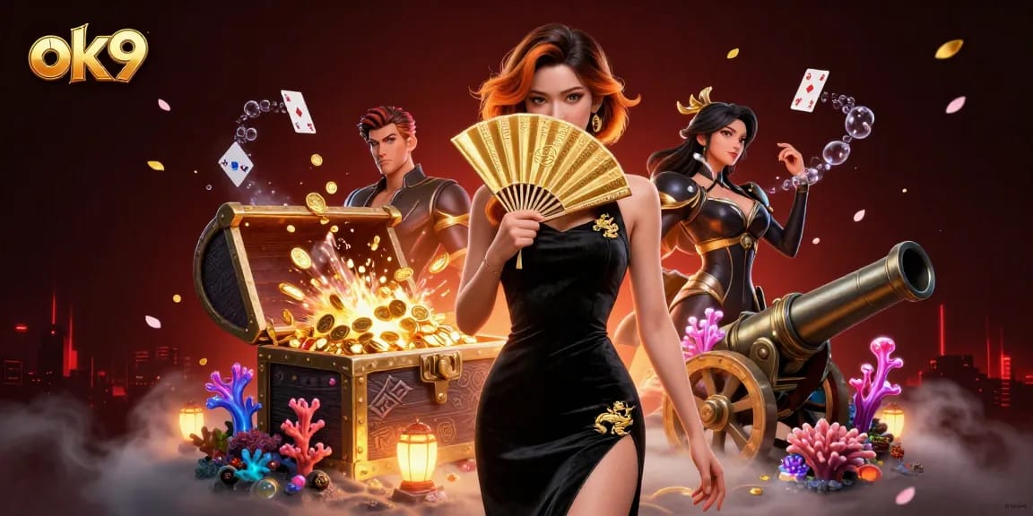 Experience thrilling gameplay at ok9 with a vibrant illustration of a luxurious casino scene filled with treasures.
