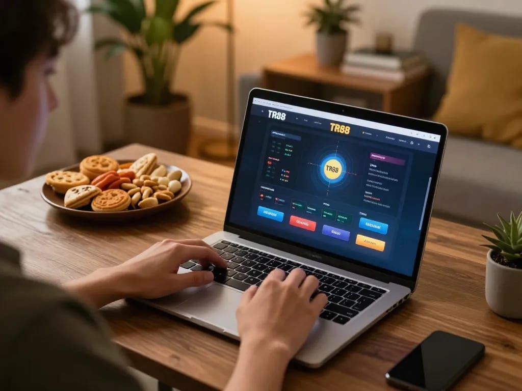 Engaging in online gaming at TR88 đăng nhập with vibrant screen interface and cozy ambiance
