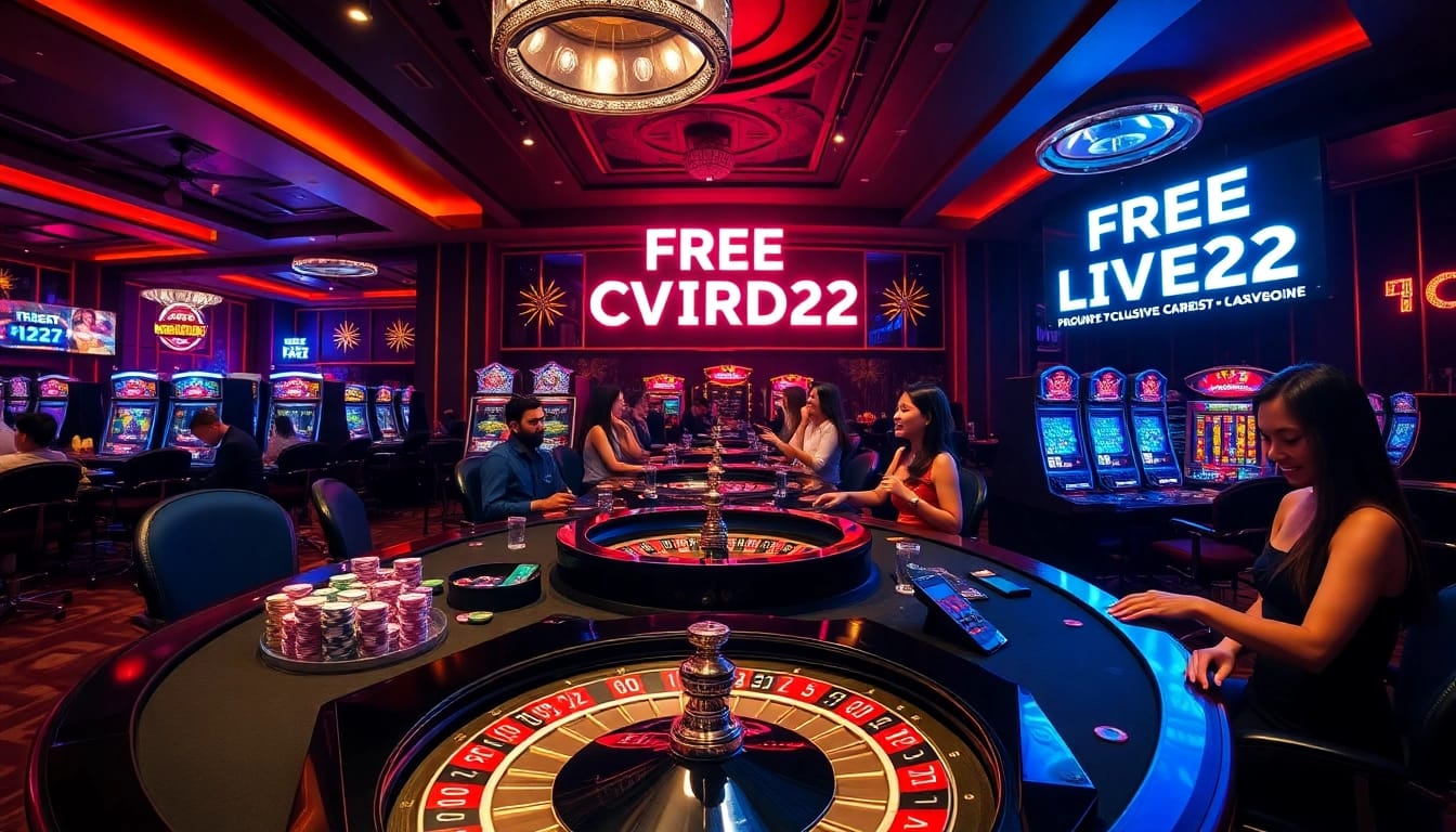 Experience free credit live22 in a vibrant casino scene filled with exciting slot machines and table games.