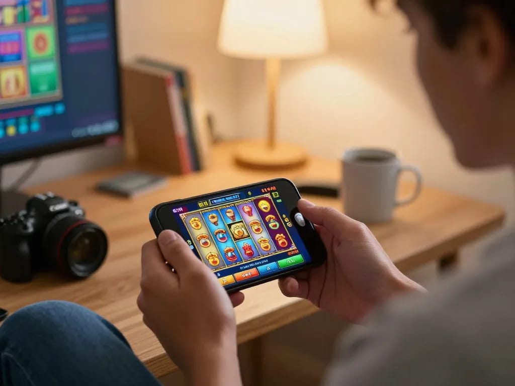 Engaging moment with a player enjoying tr88 mobile casino app gameplay on a smartphone in a cozy home.