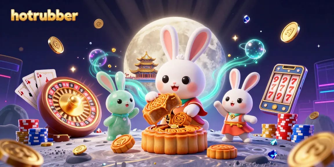 Engage with hotrubber as the moon rabbit discovers hidden poker chips inside mooncakes on a vibrant 3D illustration.