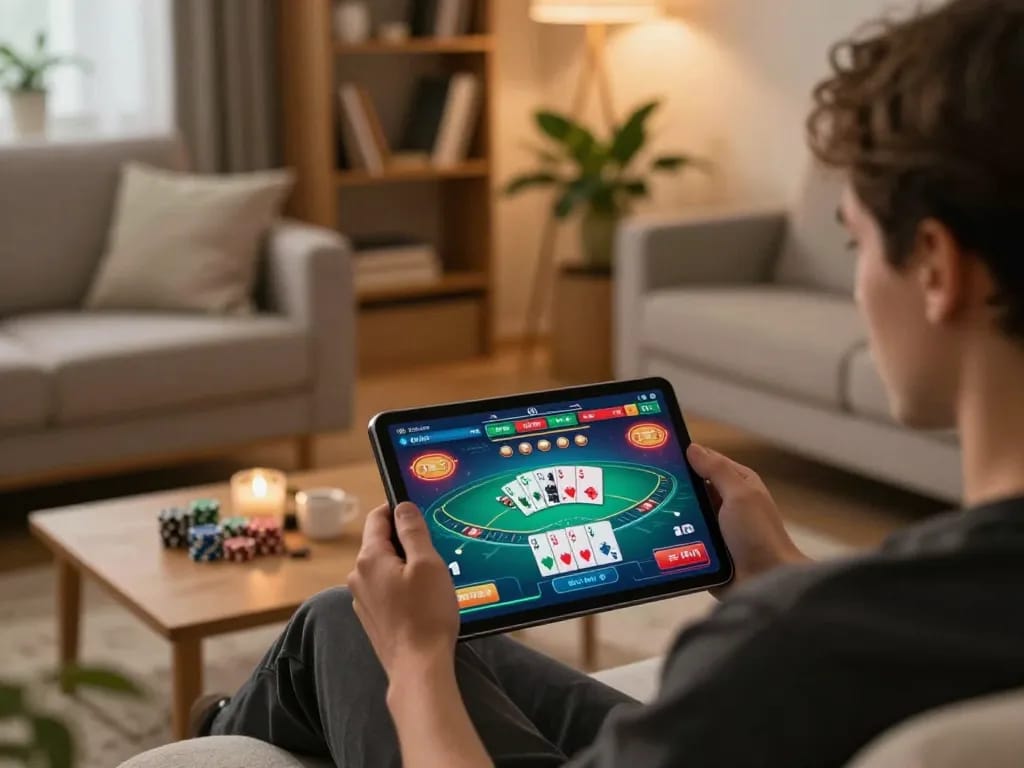 SX88T1 player engaging in online poker gaming with tablet, showcasing a vibrant gaming scene.