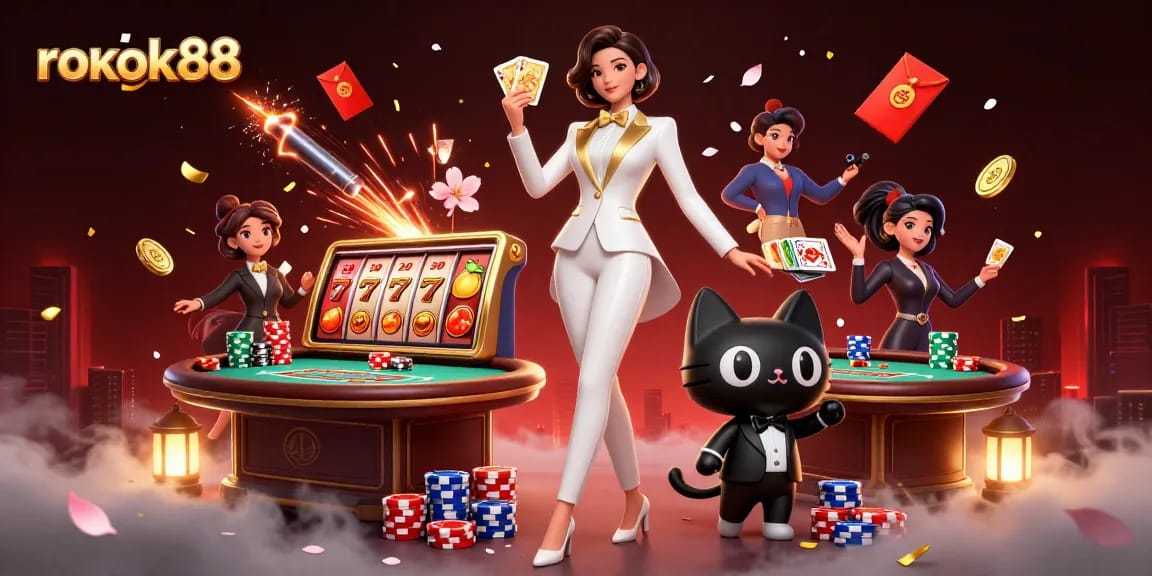 Experience the thrill of rokok88 as a glamorous dealer shuffles cards in a vibrant casino scene.