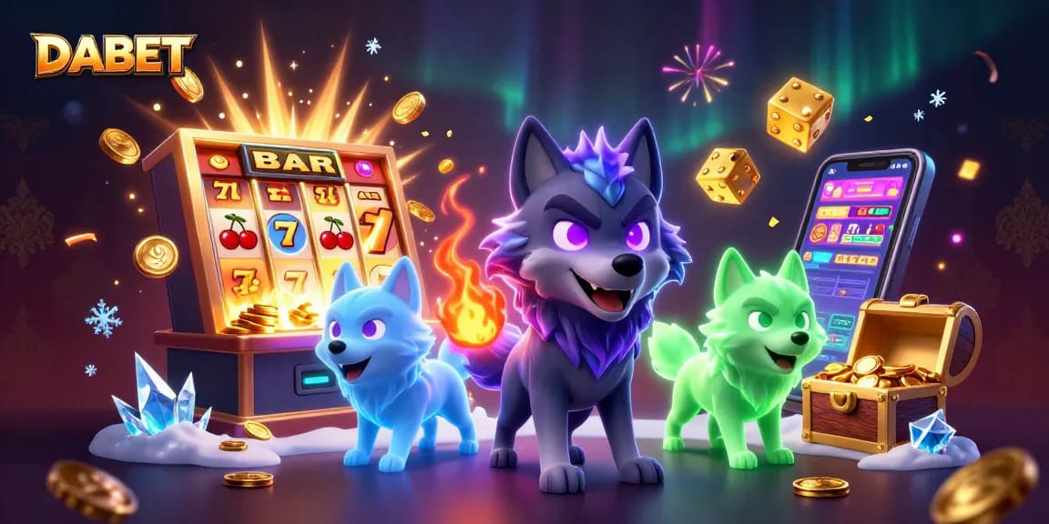 DABET brings excitement to life with vibrant slot machines and ghostly wolves in a thrilling casino scene.