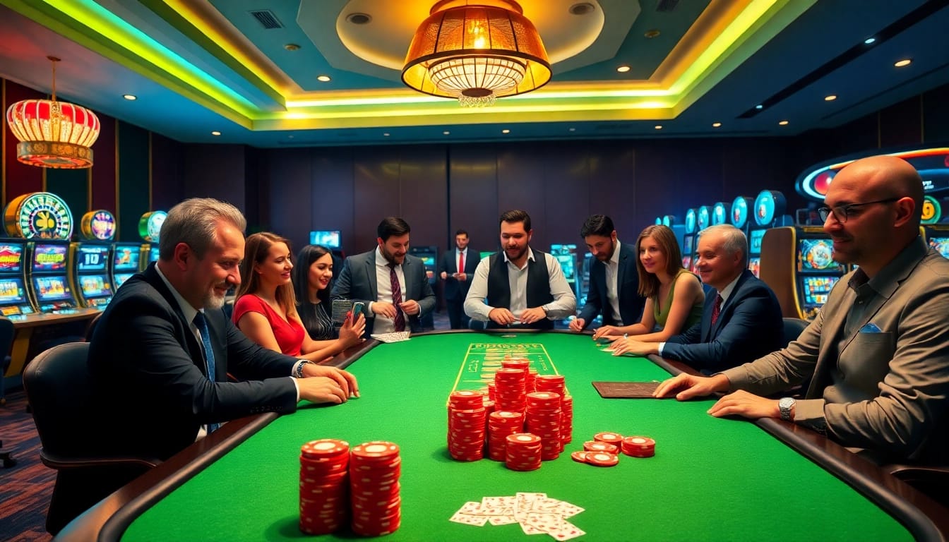 Engaged players at a vibrant online casino table experience excitement at https://789f.site/ with chips, cards, and games.