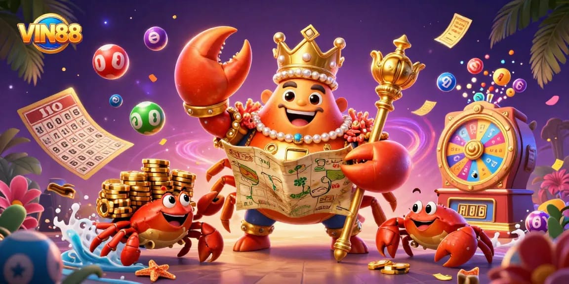 Win big at VIN88 with engaging lottery balls, vibrant prizes, and a golden crab emperor!