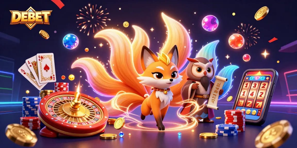 Experience thrilling DEBET gaming with a vibrant nine-tailed fox spirit and enchanting casino elements.