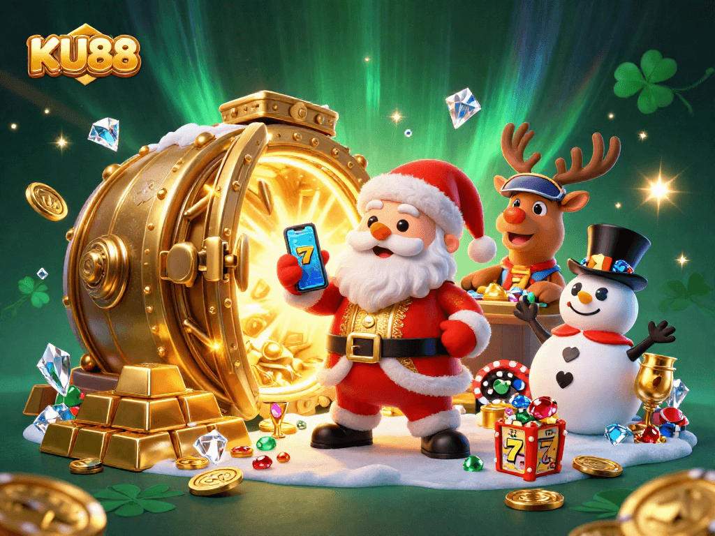 Spin to win with KU88 in a vibrant casino scene with Santa and friends celebrating jackpots.