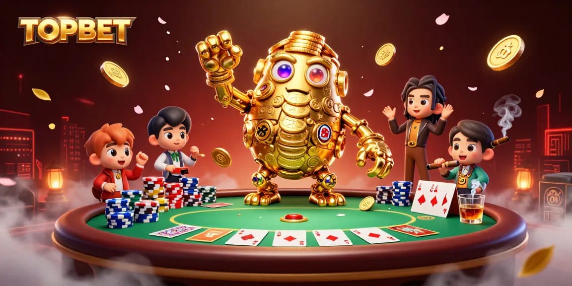 Experience the thrill of TOPBET with an ancient golden golem surrounded by poker elements and dynamic casino details.