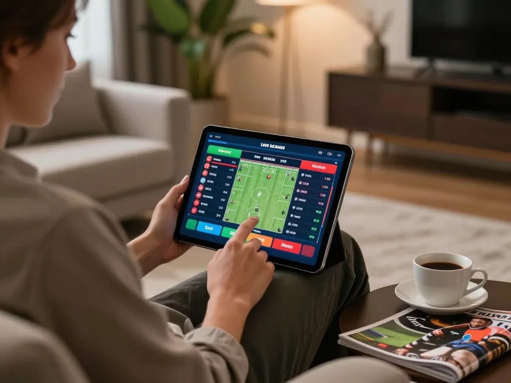 Vic88 user engaging in strategic online betting using tablet in a stylish living room