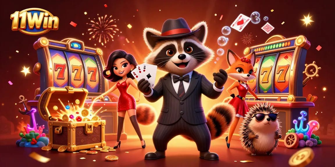 Experience 11Win's thrilling casino vibe with cartoon characters celebrating amidst vibrant gaming elements.